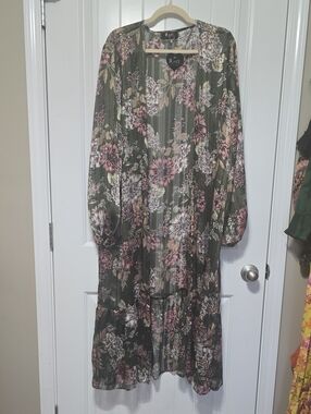 Olive Floral Maxi Dress with Pink Blooms